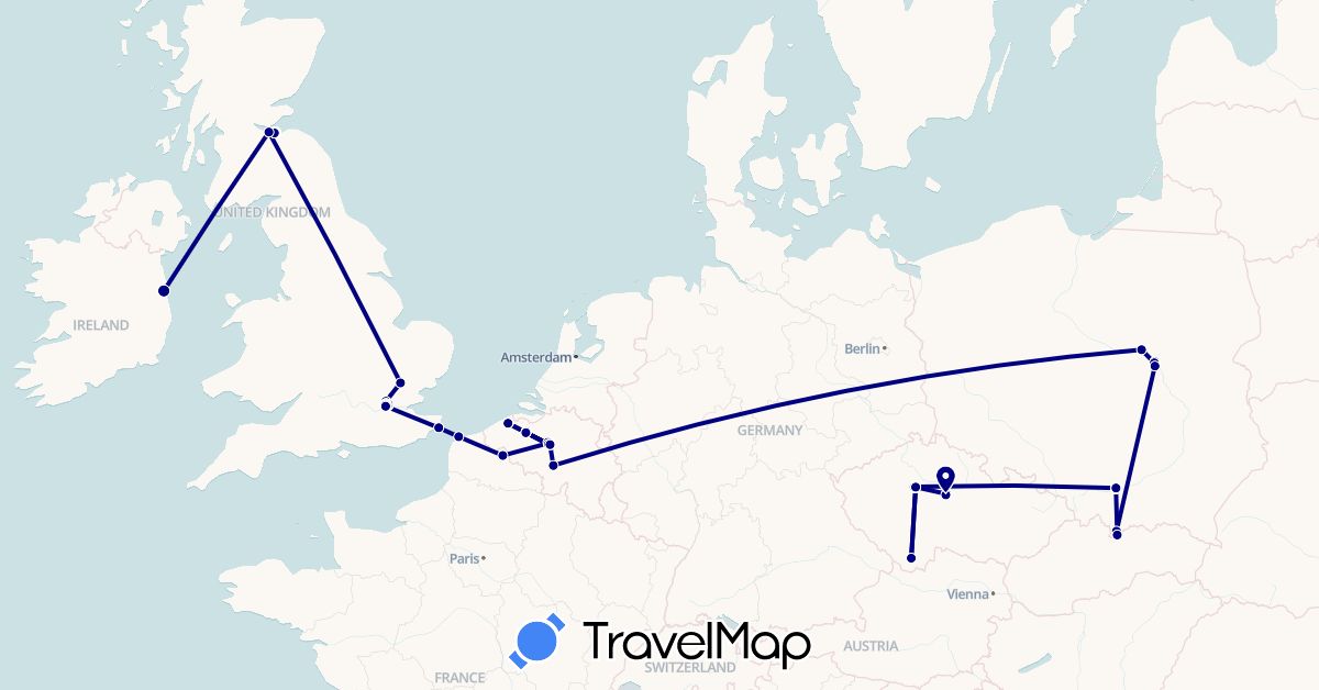 TravelMap itinerary: driving in Belgium, Czech Republic, France, United Kingdom, Ireland, Poland (Europe)